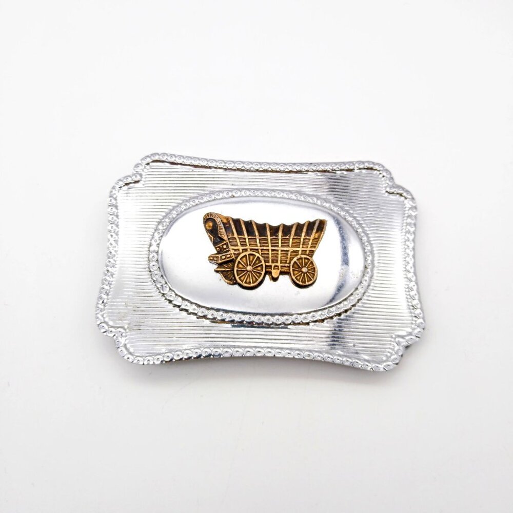 Vintage Western Belt Buckle, Coppery Conestoga Wagon on Silver Tone Tooled Desig